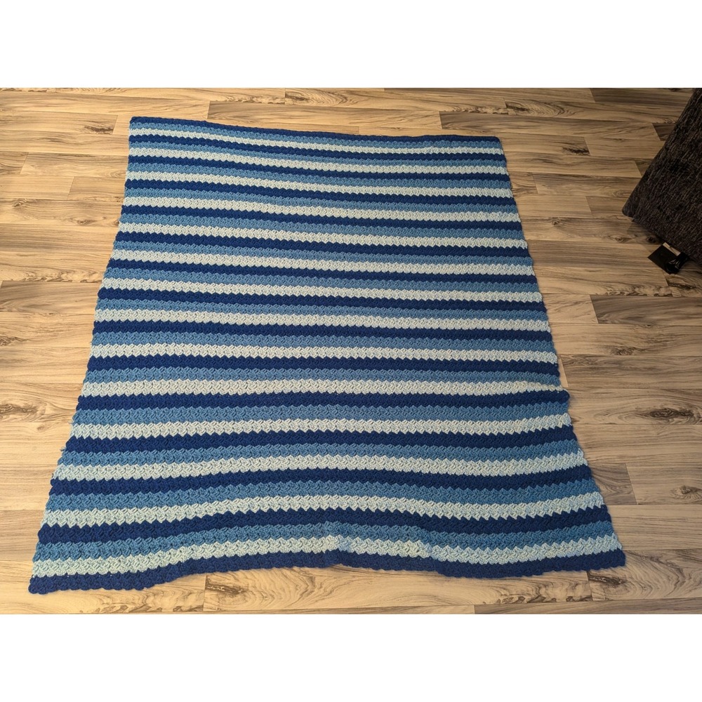 HAND CROCHET SHADES OF BLUE AFGHAN LAP BLANKET THROW 60 in X 72 In.
